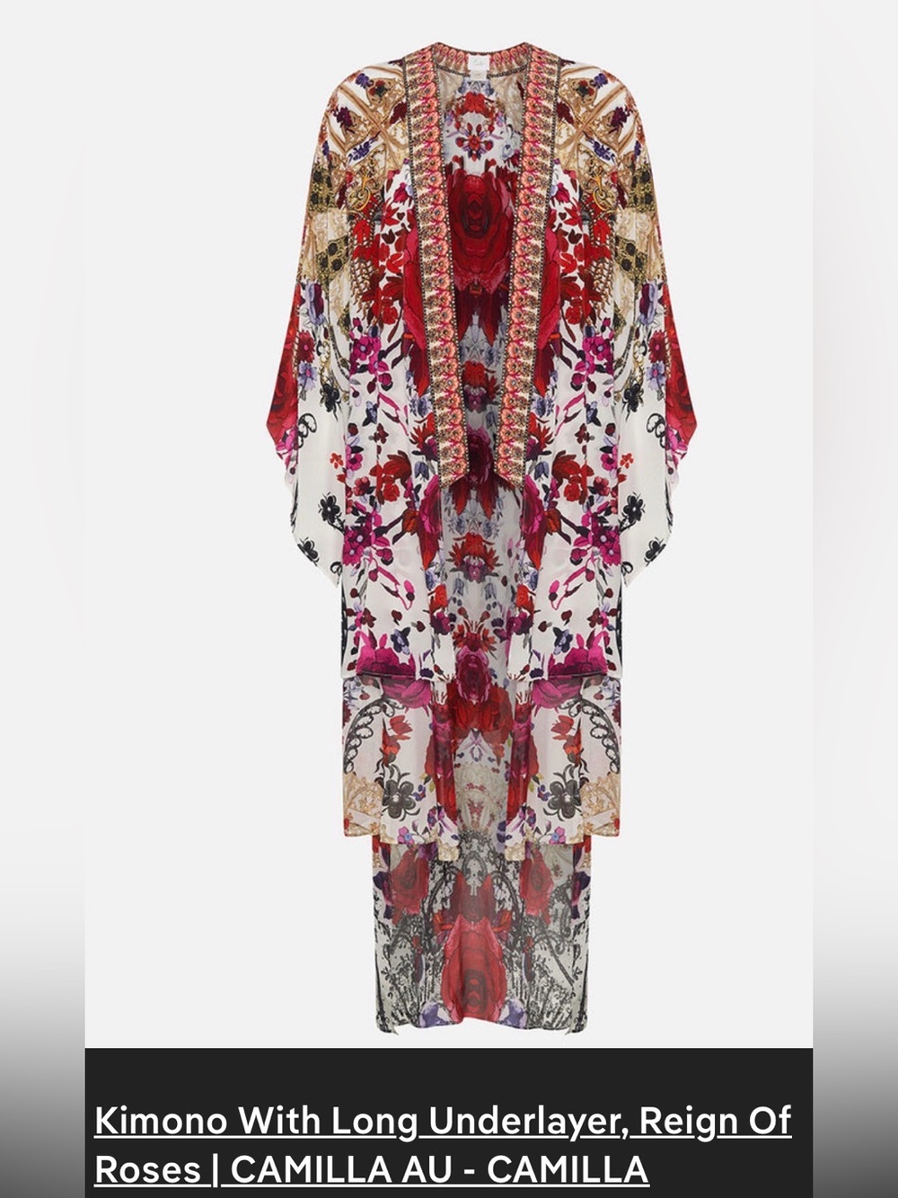 NWT $899 CAMILLA Reign of Roses Kimono with Long Underlayer! Sz L / XL